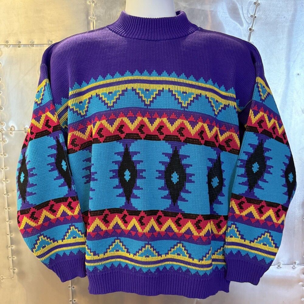 Vintage 80s Liberty Knits USA Southwestern Aztec Pattern Sweater Men’s Medium SH